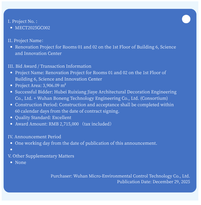 Bid Award  Transaction Announcement I. Project No. MECT2025GC002 II. Project Name Renovation Project for Rooms 01 and 02 on the 1st Floor of Building 6, Science and Innovation Center III. Bid Awar.png